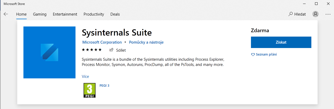 Microsoft Store a Sysinternals Suite ke stažení