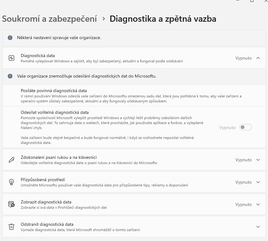 Nastavení - Diagnostika a zpětná vazba